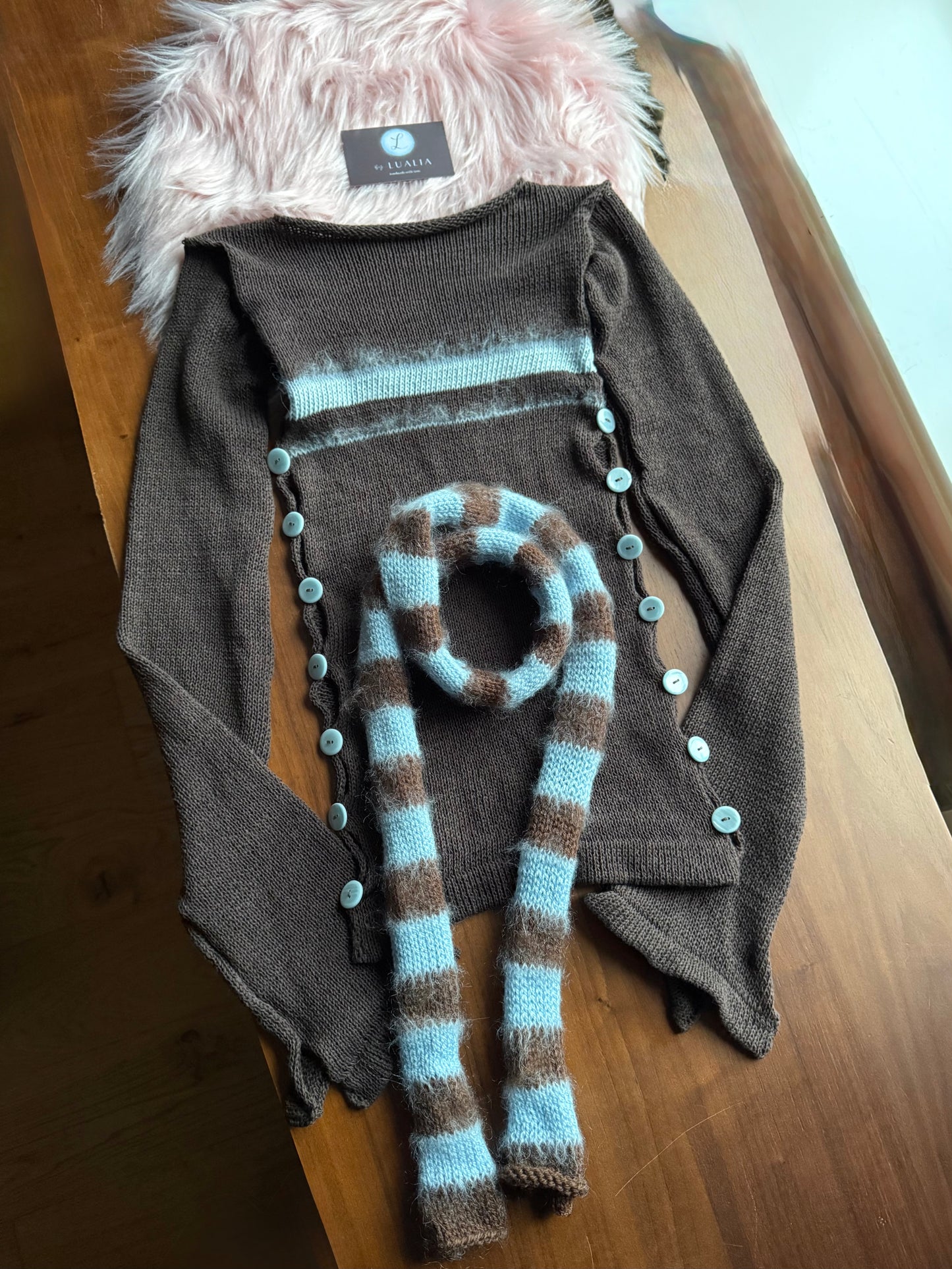 Pearl Long Sleeve in brown and blue - handmade striped knit jumper with buttons