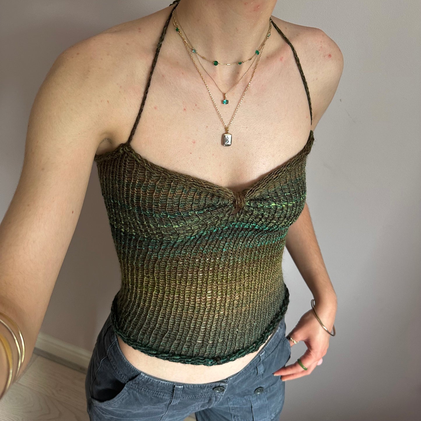 Handmade green and brown ruched bust ombré knitted halter top