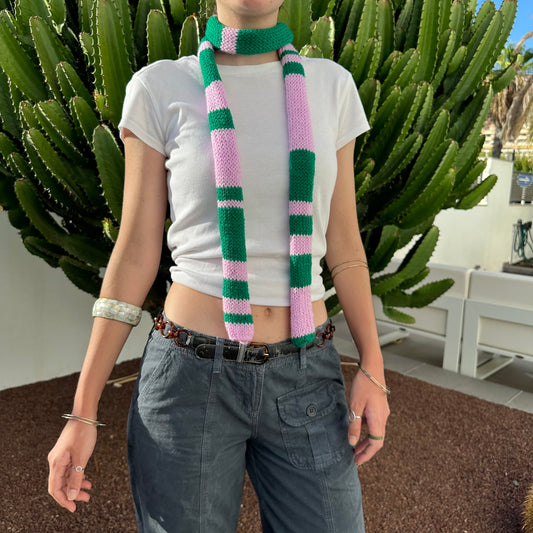 Handmade knitted stripy skinny scarf in baby pink and green