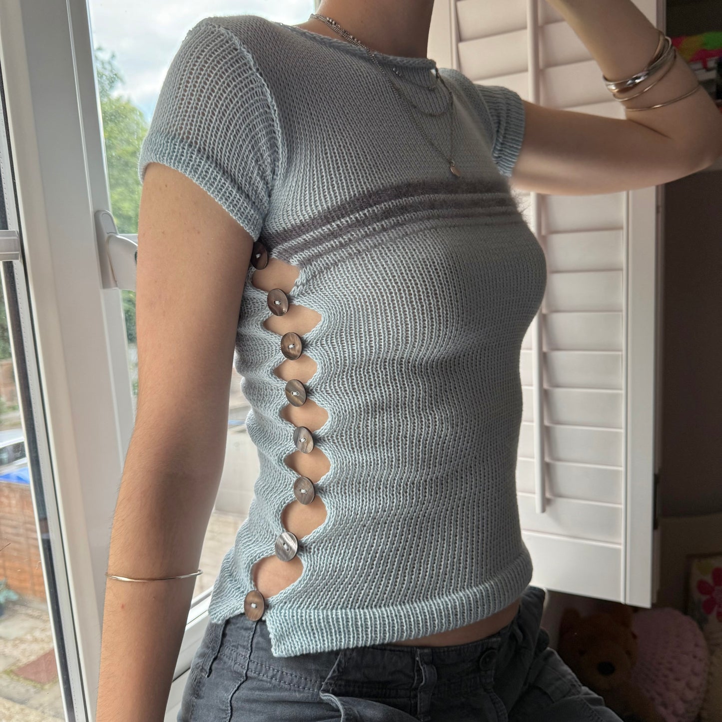 Handmade baby blue and grey striped knit button tee - limited edition 🩵