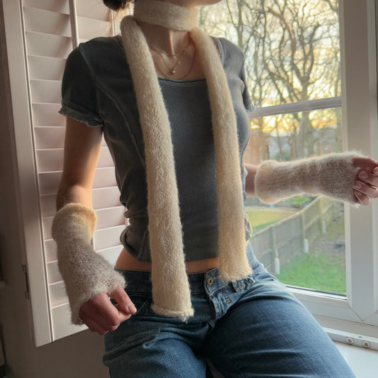 cream mohair scarf by window