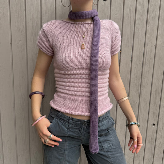 Handmade knitted skinny scarf in dusky purple