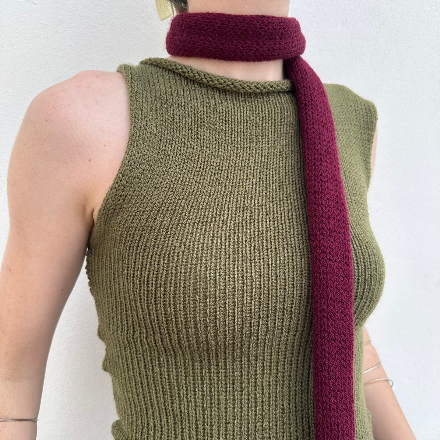 Handmade khaki green off the shoulder knit vest
