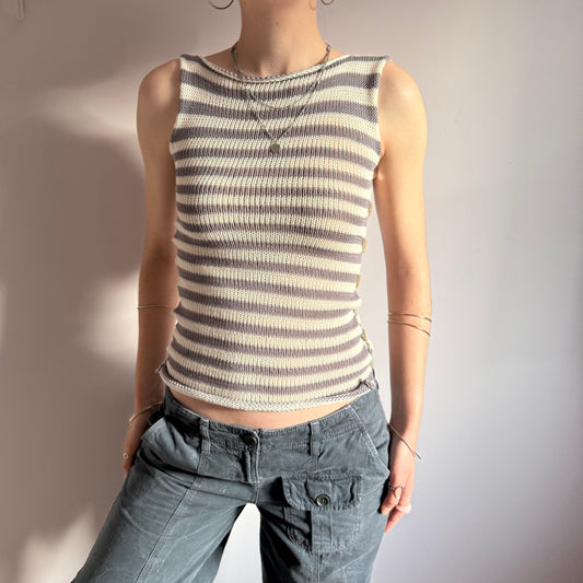 Handmade knitted Pearl Vest - light grey and cream striped (pre made in size XS-S).