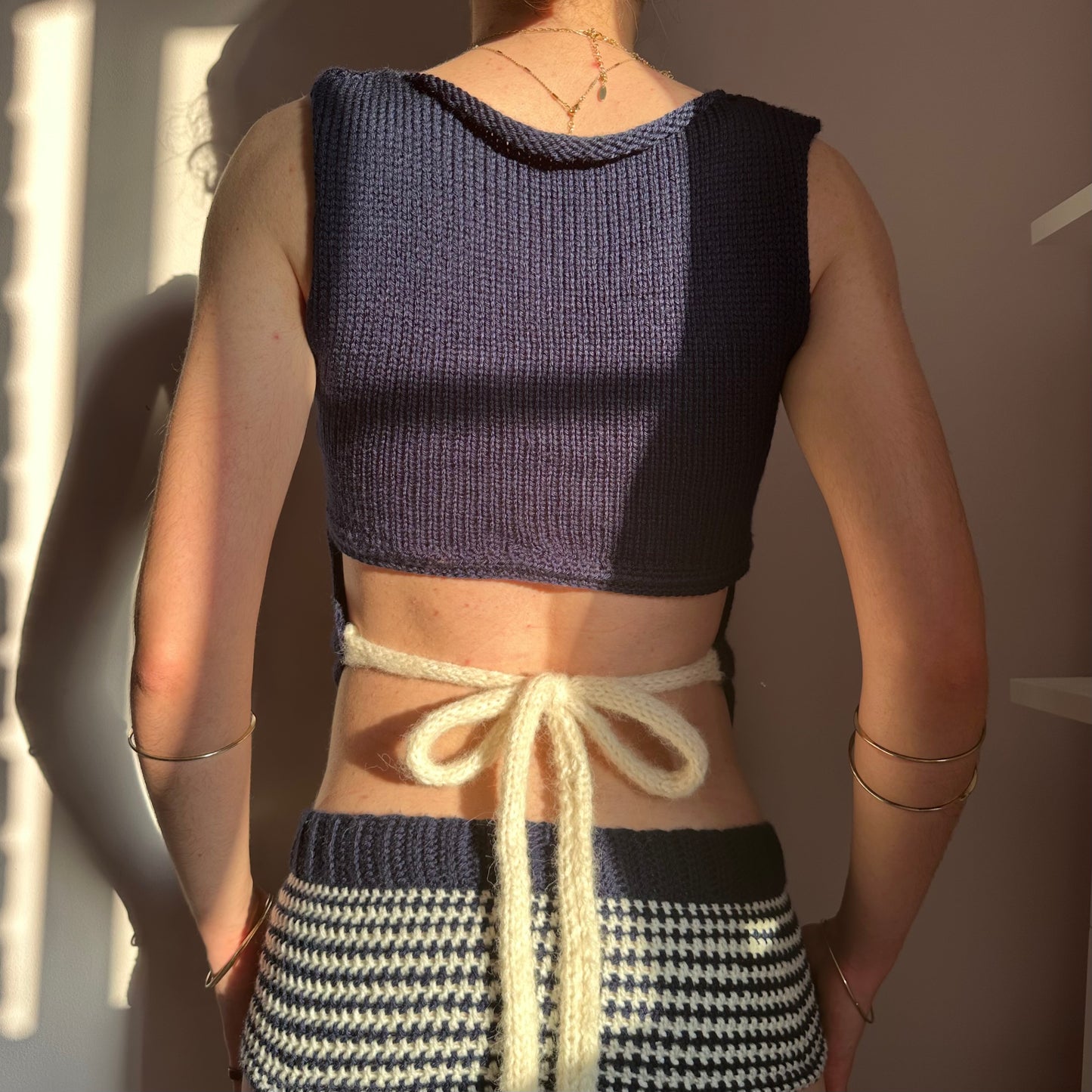The Blueberry Vest: handmade navy blue and cream striped vest top - choose with or without bow back