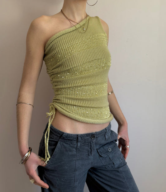 Handmade sparkly draped one shoulder knit top in matcha green