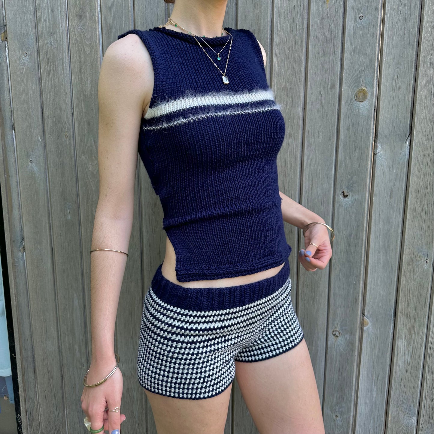 The Blueberry Vest: handmade navy blue and cream striped vest top - choose with or without bow back
