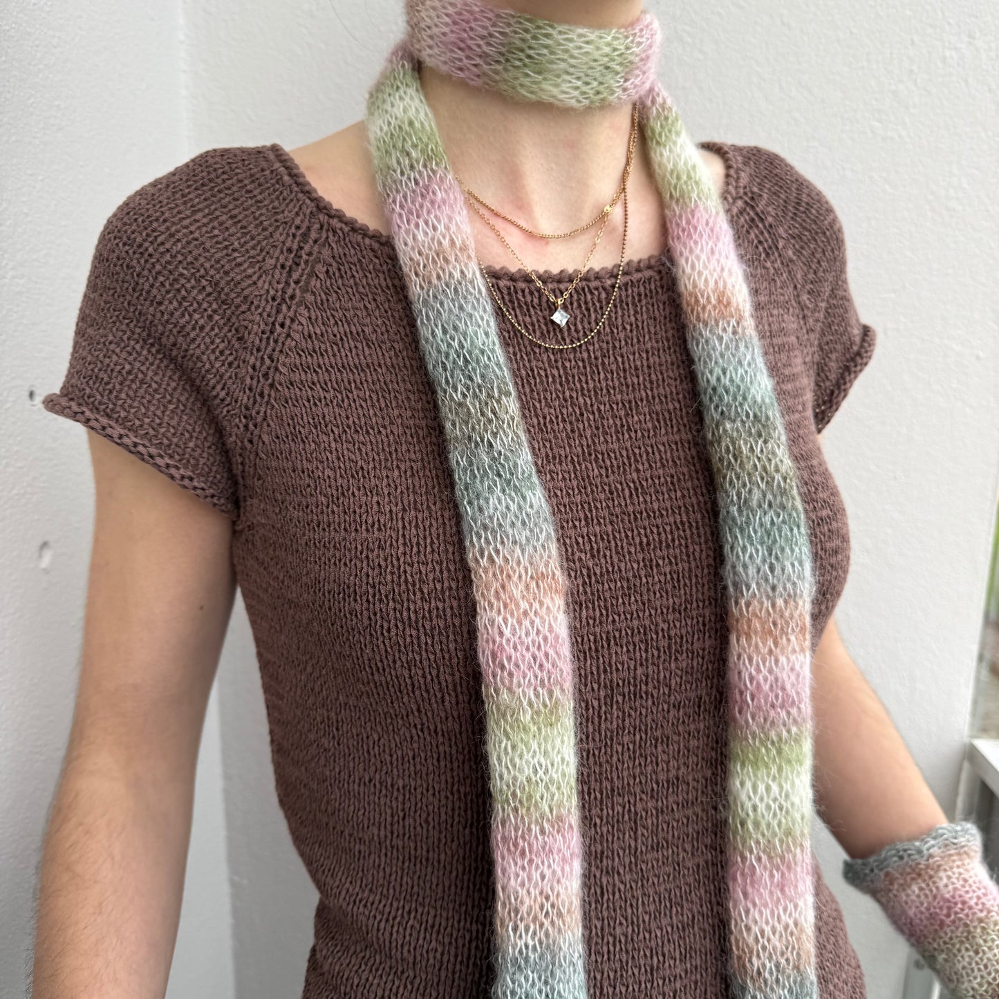 Handmade pastel shades knitted mohair ombré skinny scarf