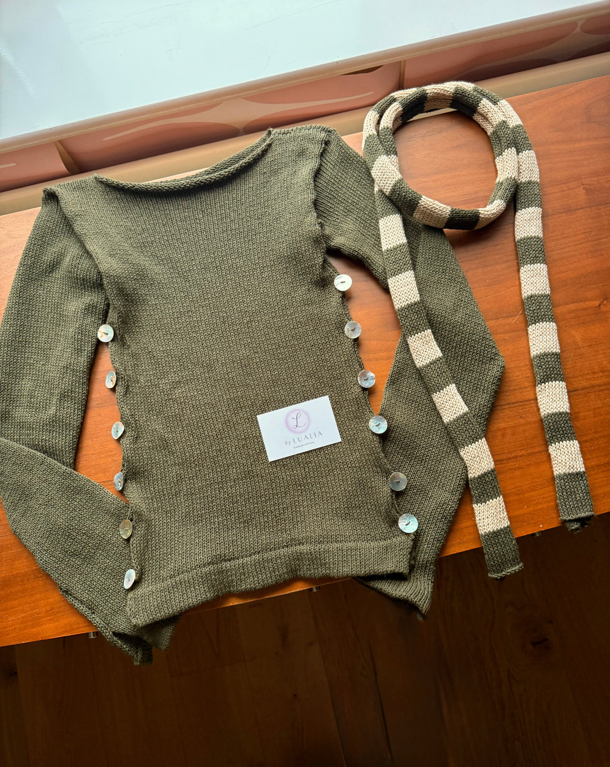 Pearl Long Sleeve in khaki green - handmade knit jumper with mother of pearl buttons (pre made in S)