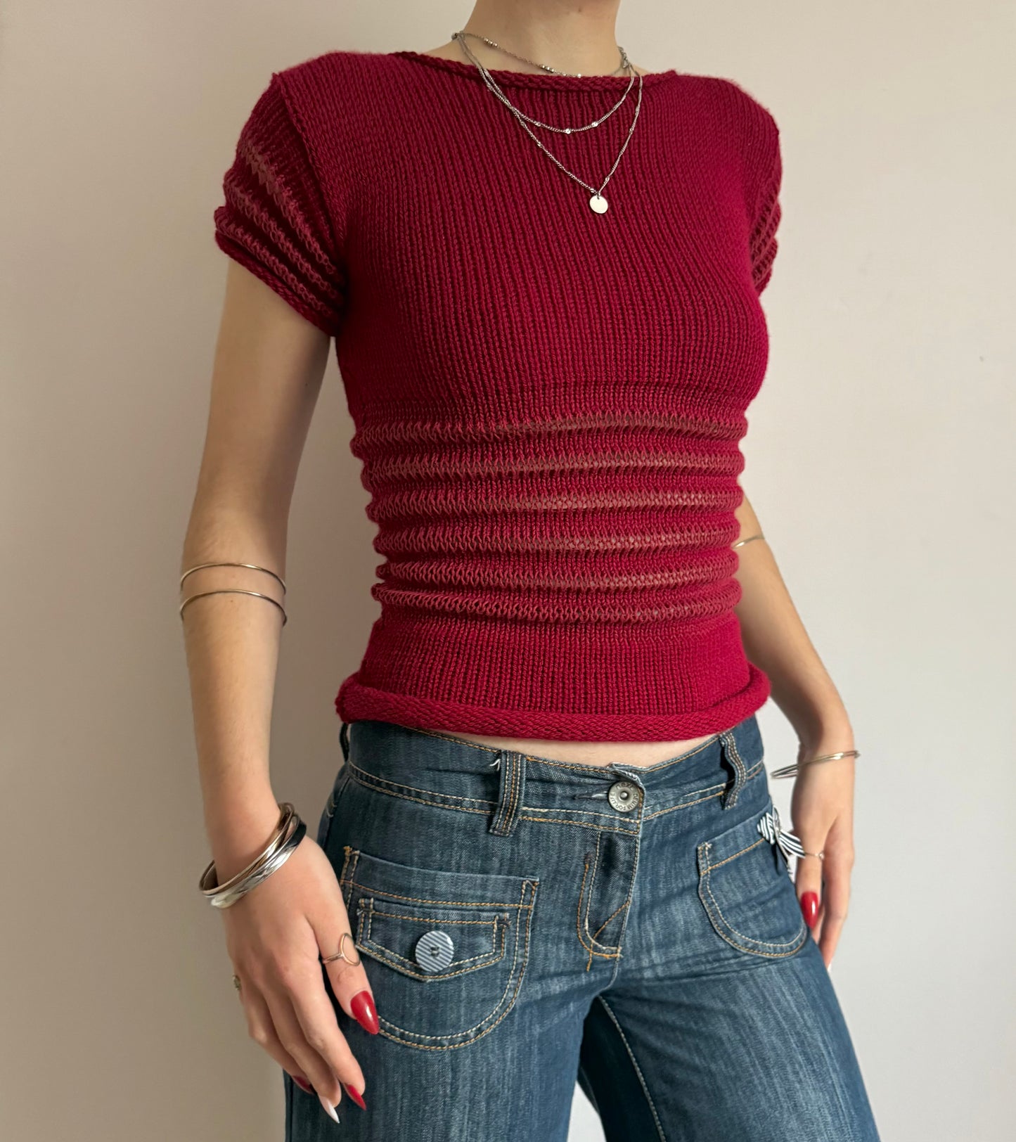 The Ripple Tee in cherry red - handmade shirred top with puff sleeves