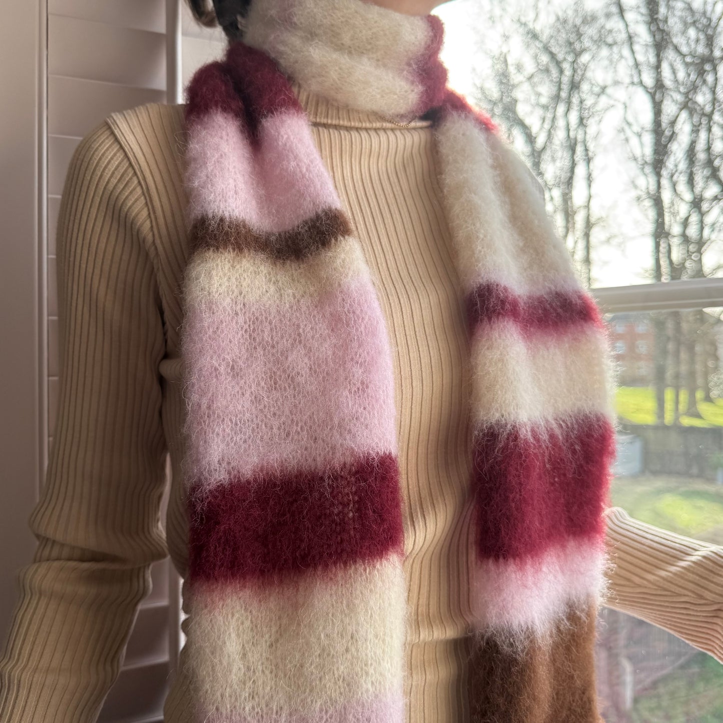 Handmade cream, burgundy, brown and baby pink fluffy striped scarf - choose full width or skinny 🌸