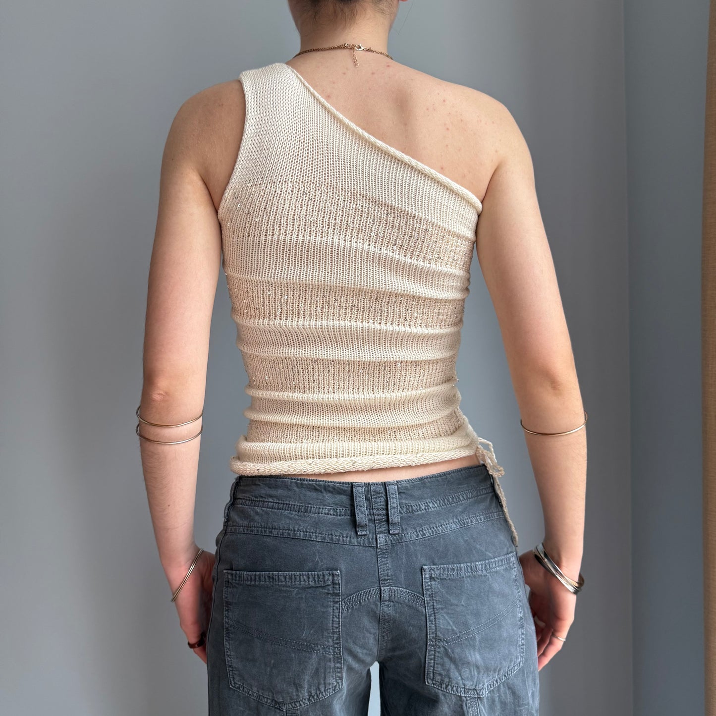 Handmade sequin draped one shoulder knit top in cream - cotton