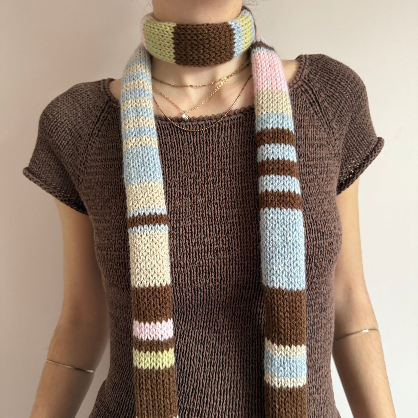 The Springtime Scarf - handmade knitted multicoloured striped skinny scarf