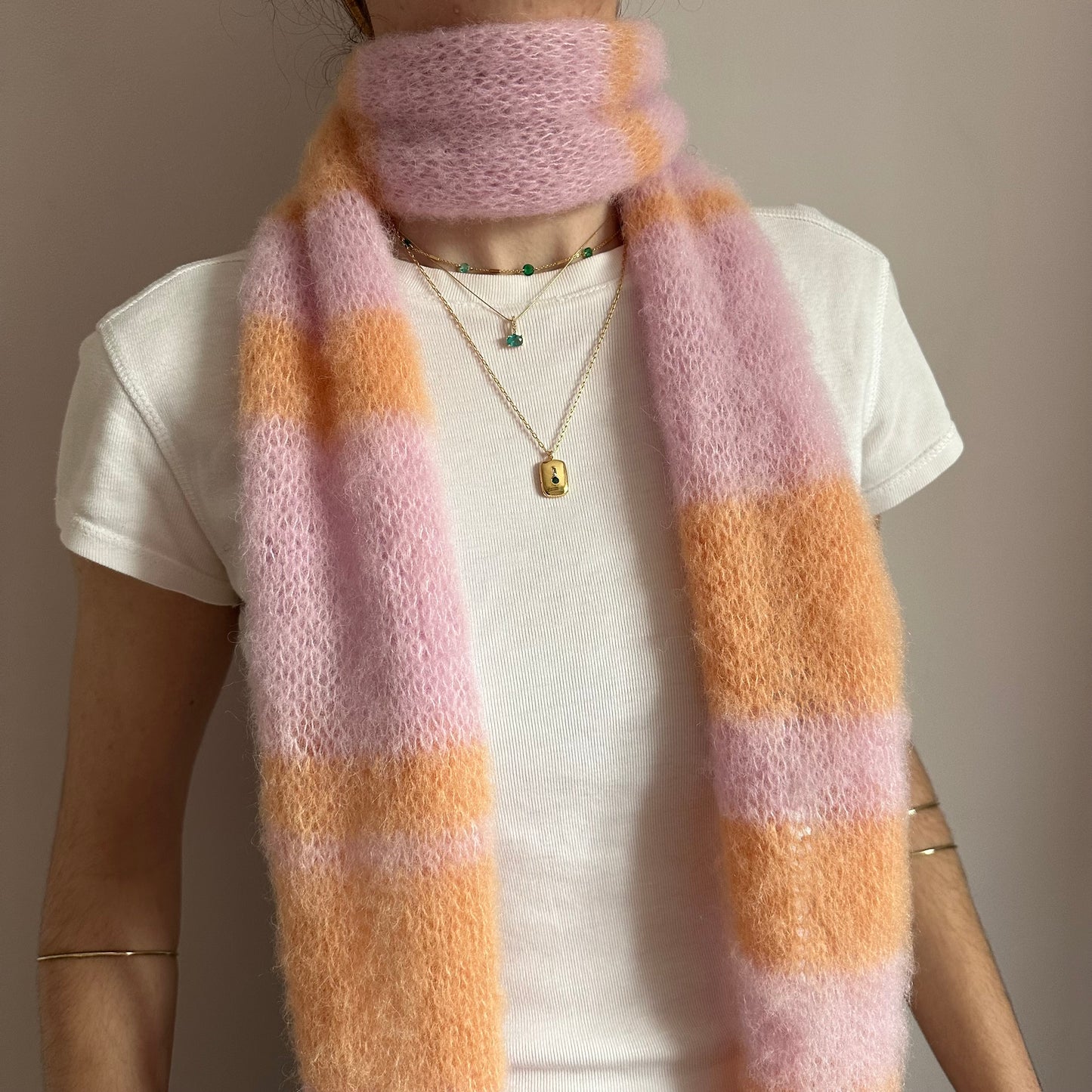 Handmade knitted baby pink and orange fluffy mohair striped scarf