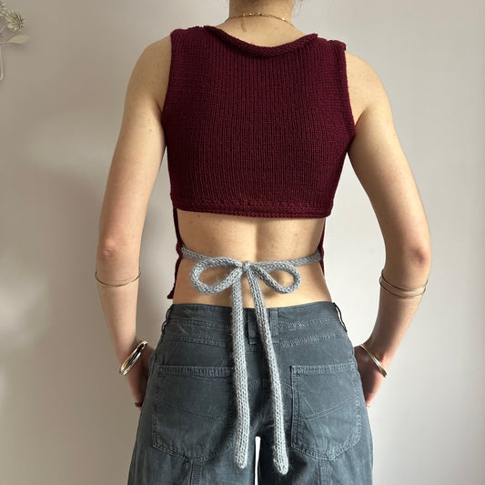 The Bordeaux Vest: handmade burgundy, grey and cream striped knitted tank top - choose with or without bow back