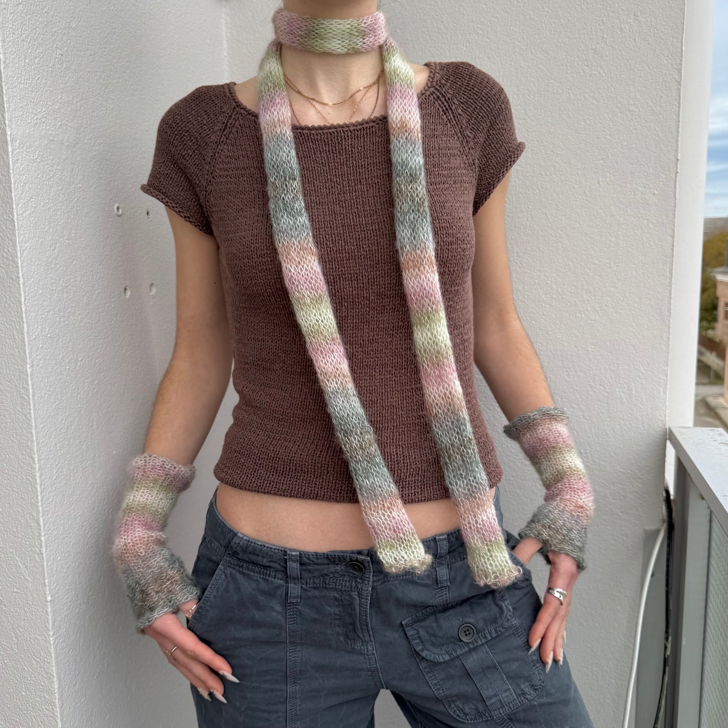 Handmade pastel shades knitted mohair ombré skinny scarf