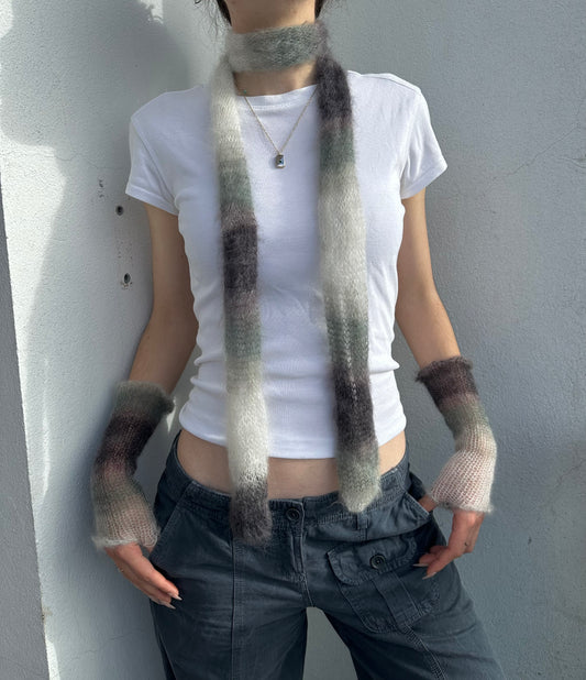 Handmade knitted mohair hand warmers in ombré black, grey and white