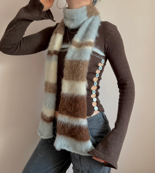 Fluffy striped knit scarf - Baby Blue, Cream & Brown (choose skinny or full width)