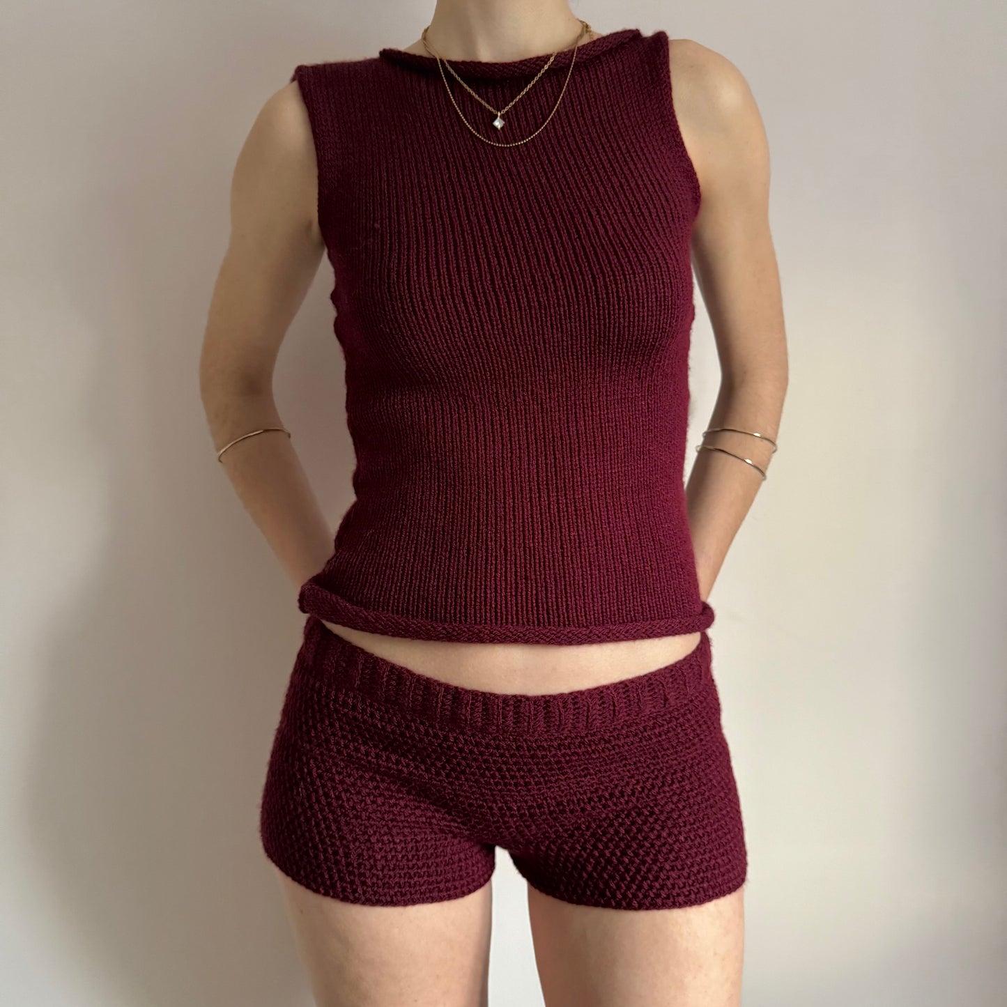 Handmade burgundy crochet shorts