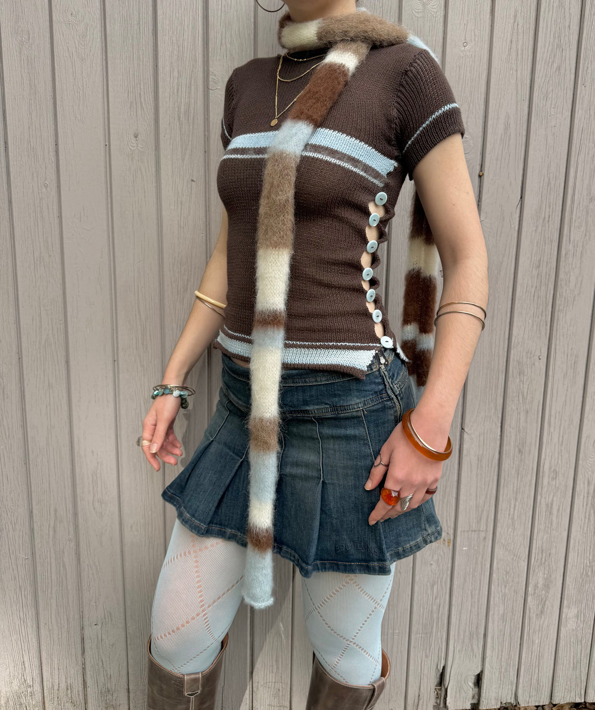 Pearl Tee in Brown & Blue (pre made in XS-S)