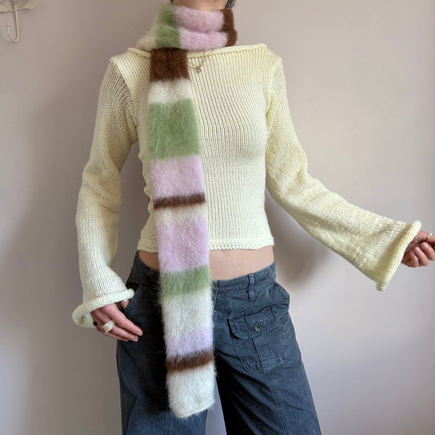 Handmade cream, light green, brown and baby pink fluffy striped scarf - choose full width or skinny 🌸
