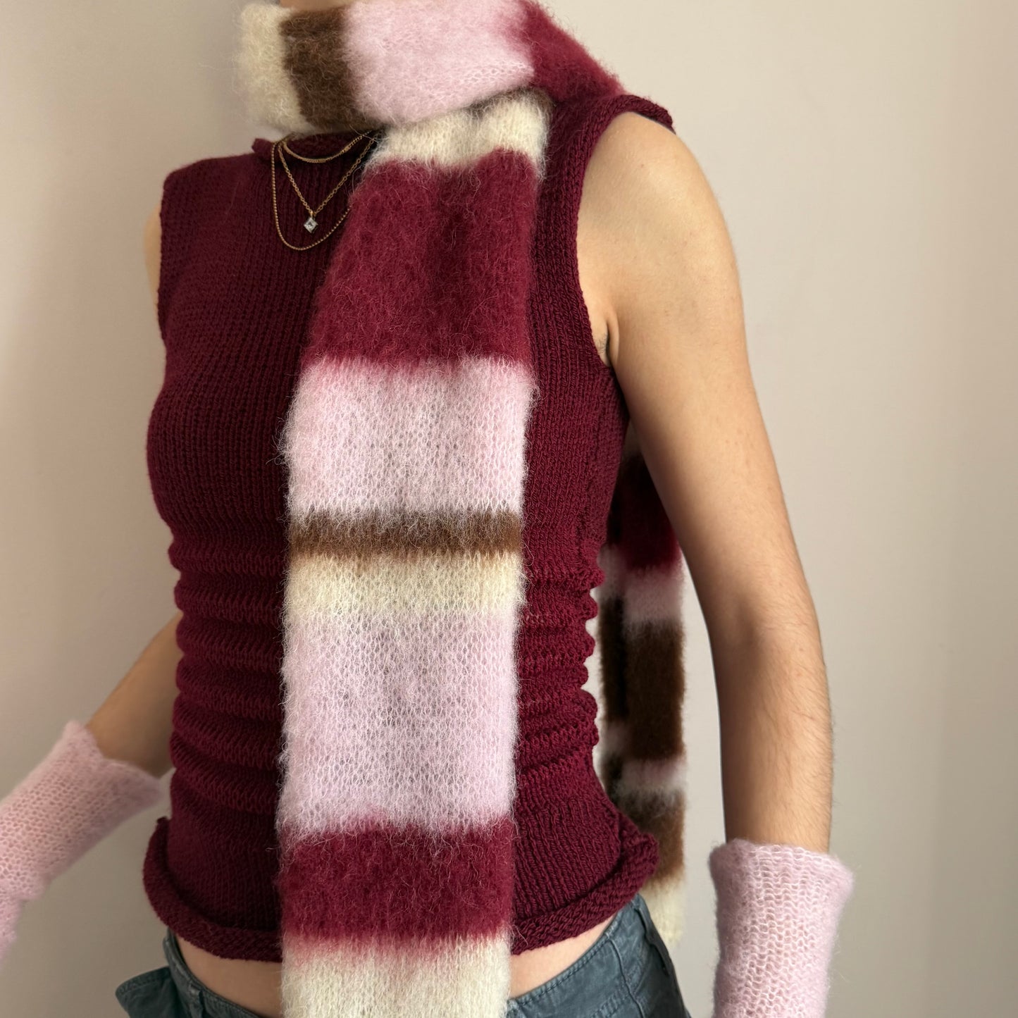 Handmade cream, burgundy, brown and baby pink fluffy striped scarf - choose full width or skinny 🌸