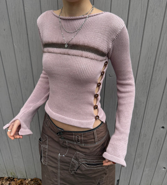 Pearl Long Sleeve in dusky pink & brown - handmade striped knit jumper with buttons