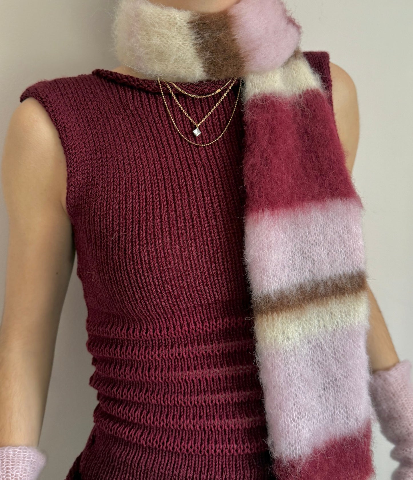Handmade cream, burgundy, brown and baby pink fluffy striped scarf - choose full width or skinny 🌸