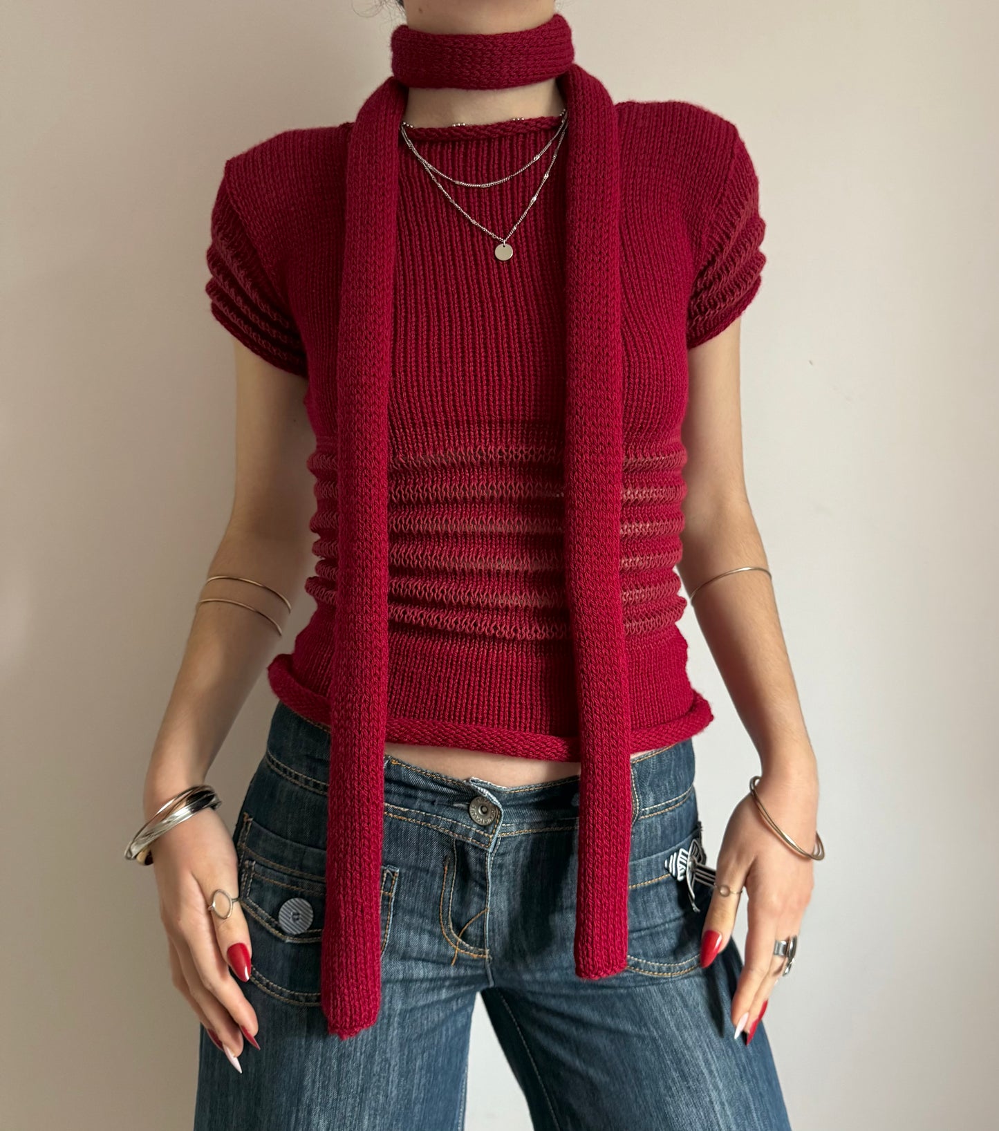 The Ripple Tee in cherry red - handmade shirred top with puff sleeves