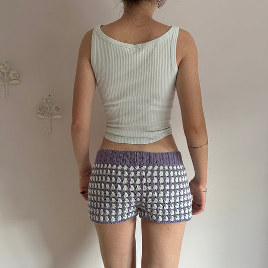 Handmade gingham crochet shorts in purple and duck egg blue (pre made in L)