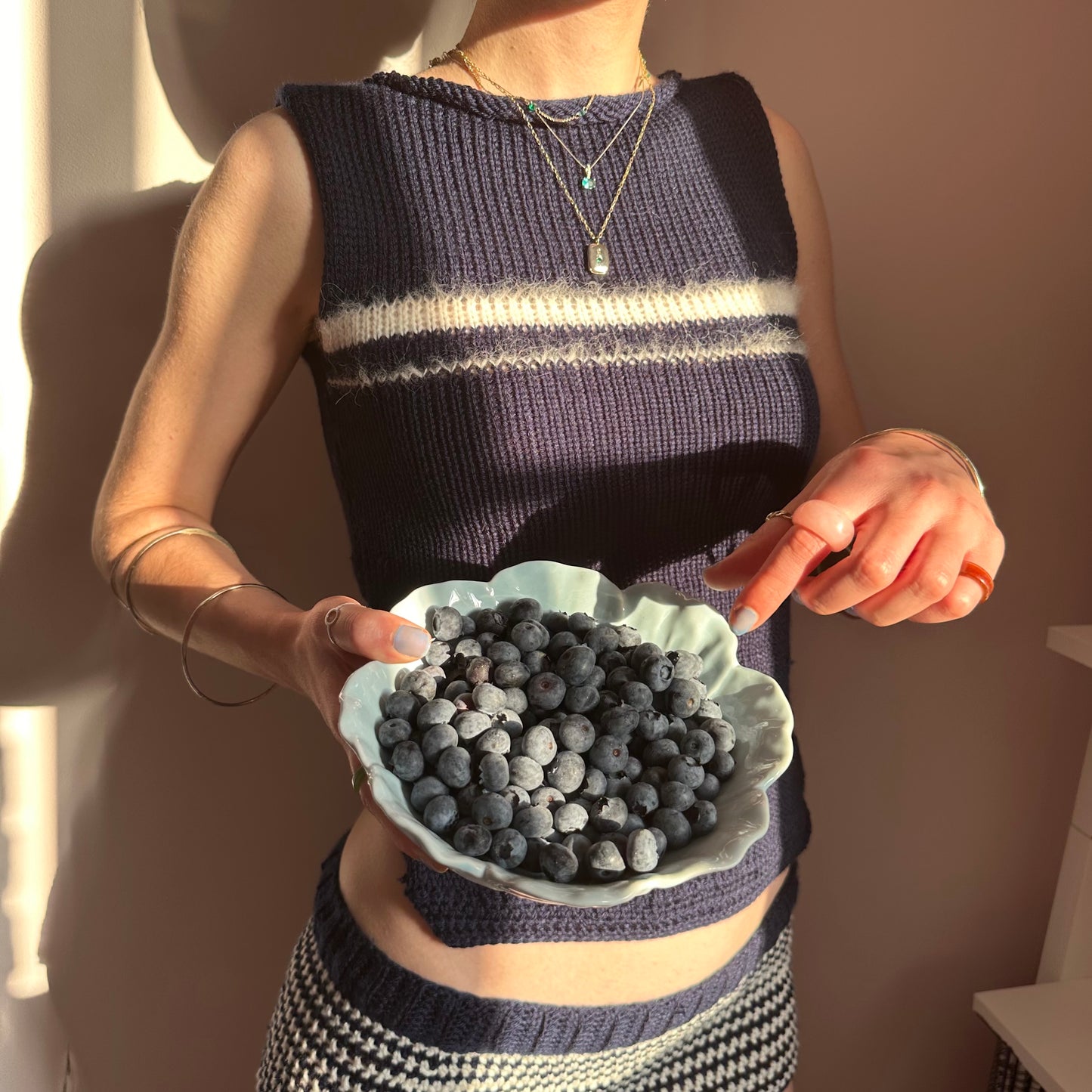 The Blueberry Vest: handmade navy blue and cream striped vest top - choose with or without bow back