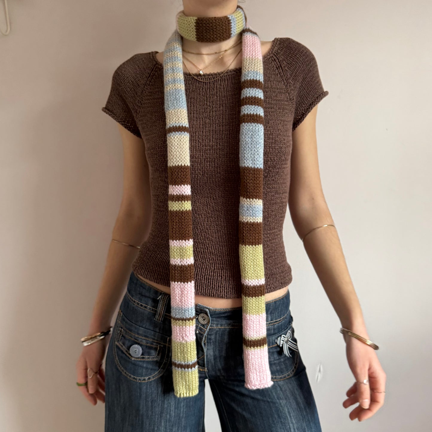 The Springtime Scarf - handmade knitted multicoloured striped skinny scarf