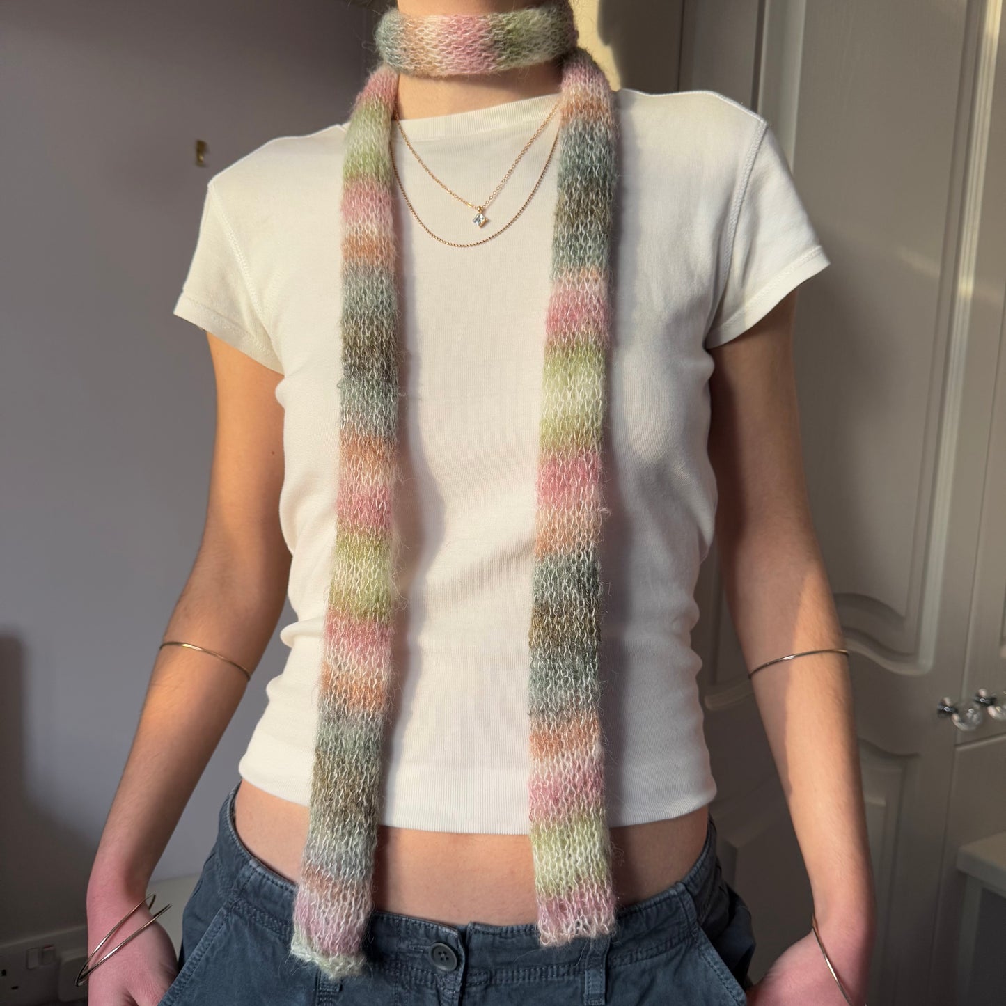 Handmade pastel shades knitted mohair ombré skinny scarf