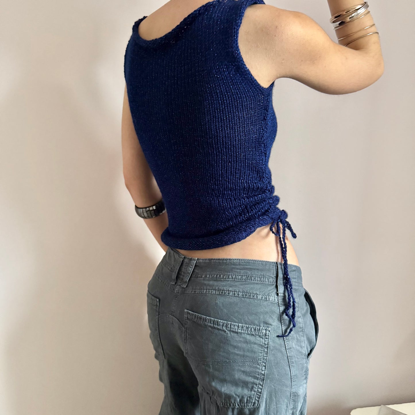 Handmade dark blue metallic ruched knitted vest