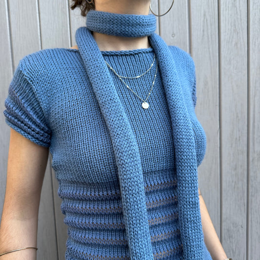Handmade knitted skinny scarf in denim blue - pre made