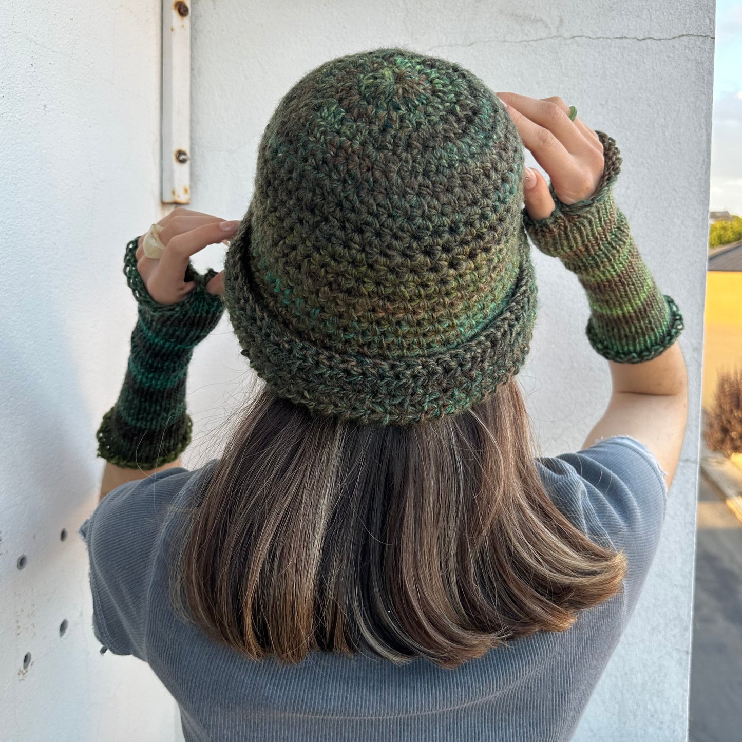 Handmade green and brown chunky ombré crochet bowler hat