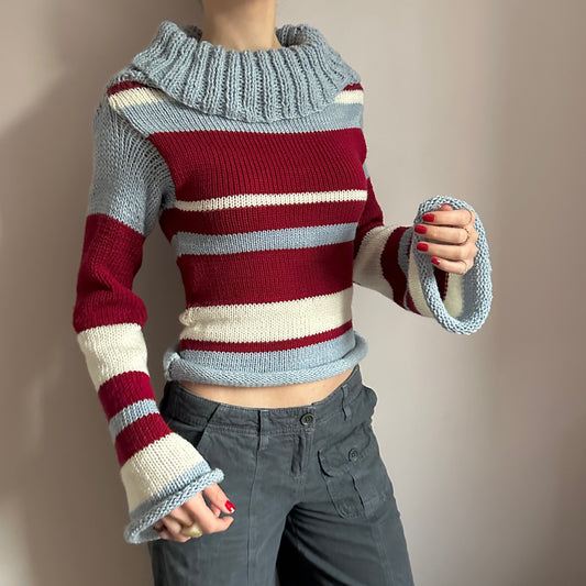 The Raya Jumper - striped cream, red and baby blue roll neck knitted jumper