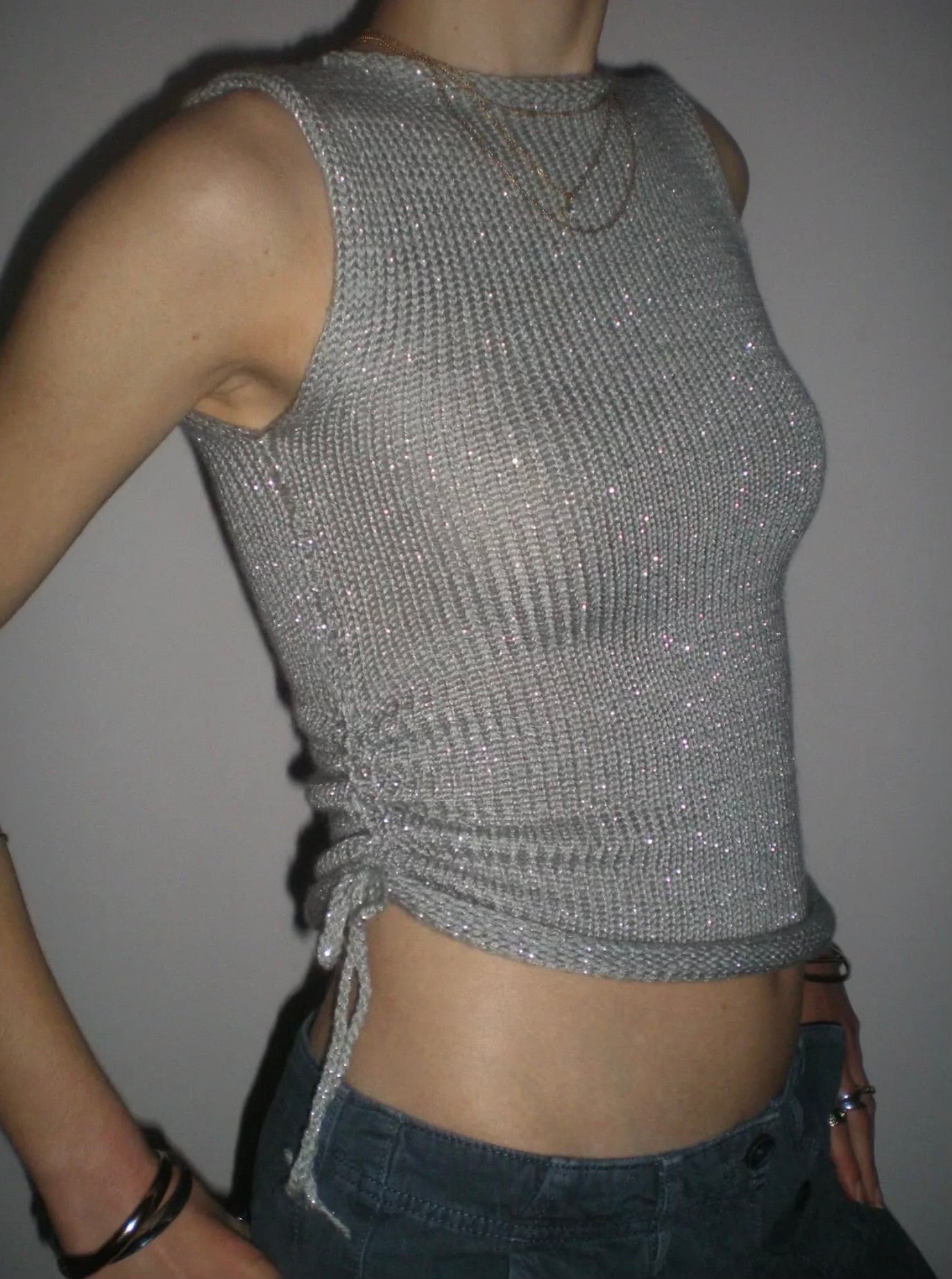 Handmade silver metallic ruched knitted vest
