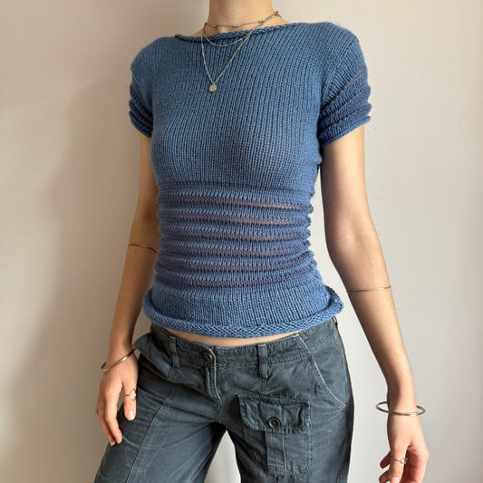 The Ripple Tee in denim blue - handmade shirred top with puff sleeves