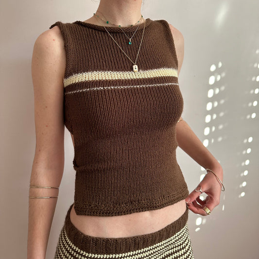 The Sienna Vest: handmade brown and light yellow striped vest top - choose with or without bow back