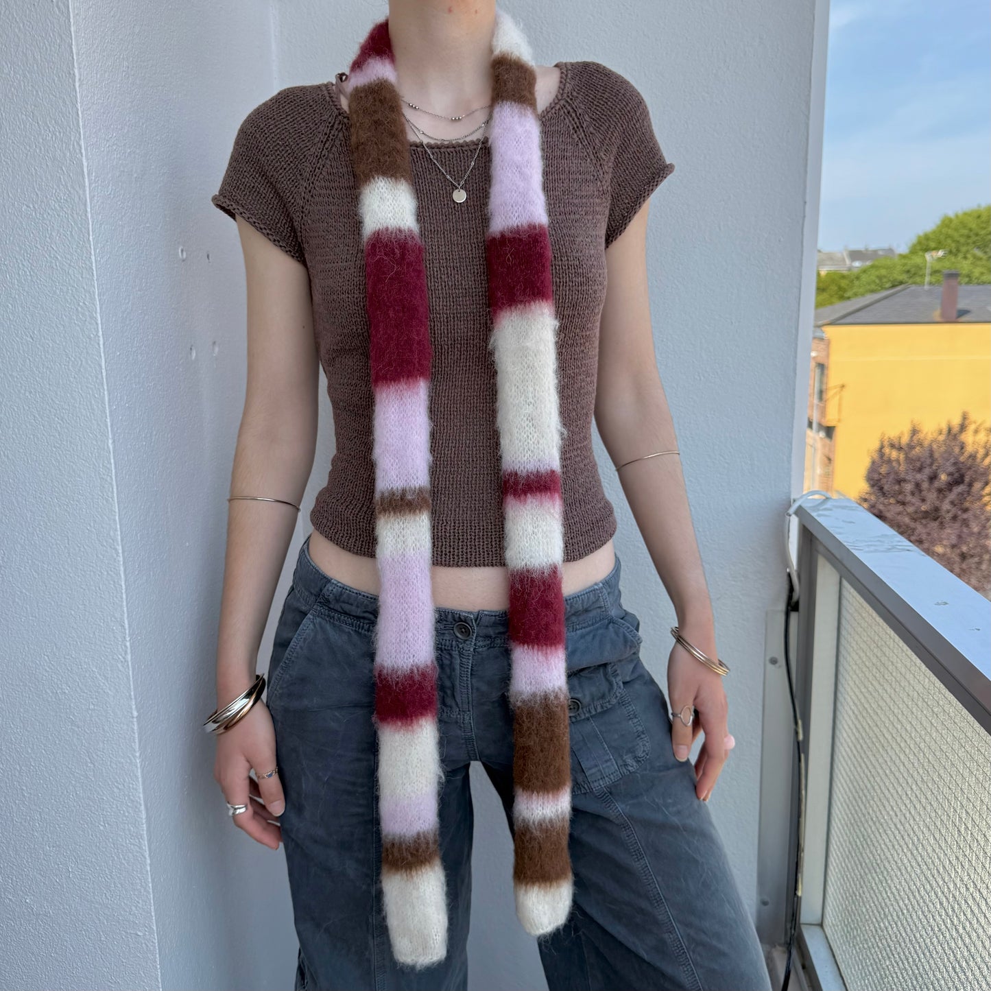 Handmade cream, burgundy, brown and baby pink fluffy striped scarf - choose full width or skinny 🌸