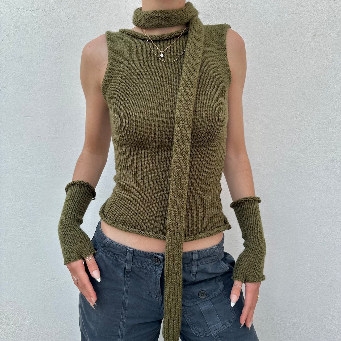 Handmade khaki green off the shoulder knit vest