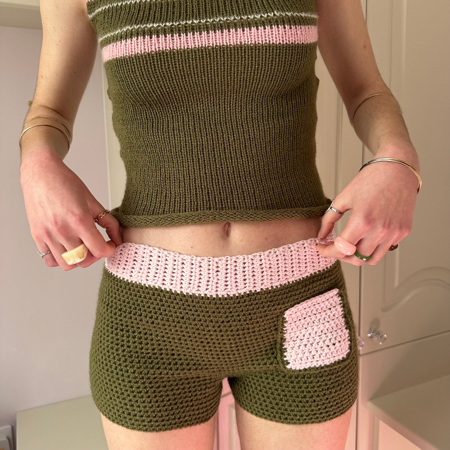 The Jade Shorts - handmade crochet shorts in khaki and baby pink with pocket