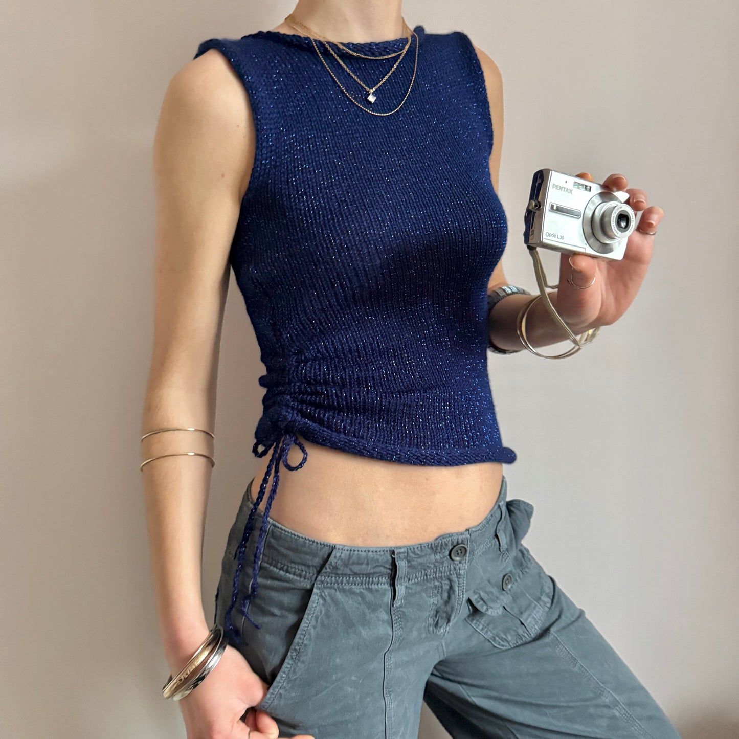 Handmade dark blue metallic ruched knitted vest