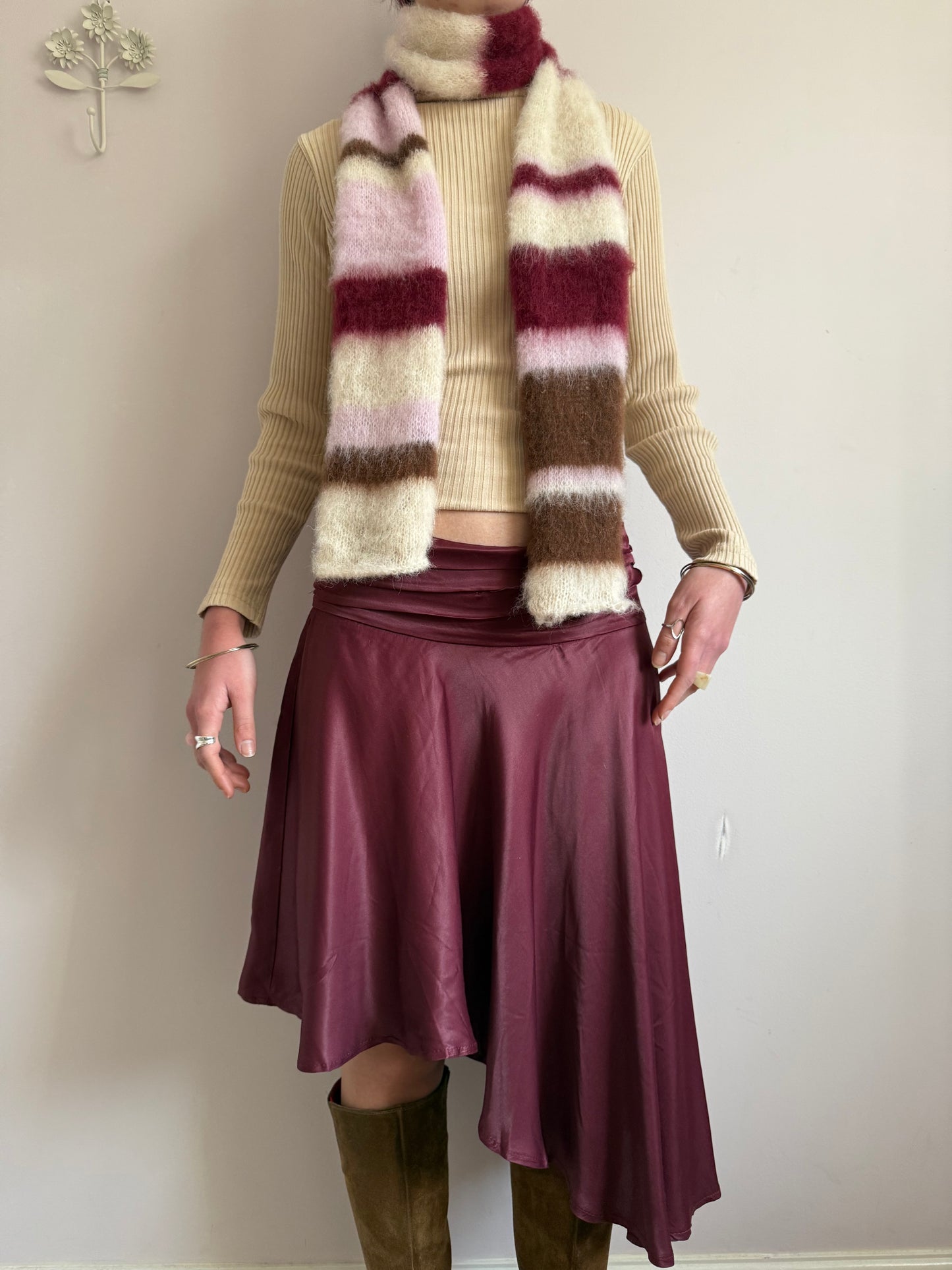 Handmade cream, burgundy, brown and baby pink fluffy striped scarf - choose full width or skinny 🌸