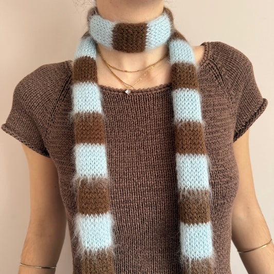 brown and baby blue mohair skinny scarf close up