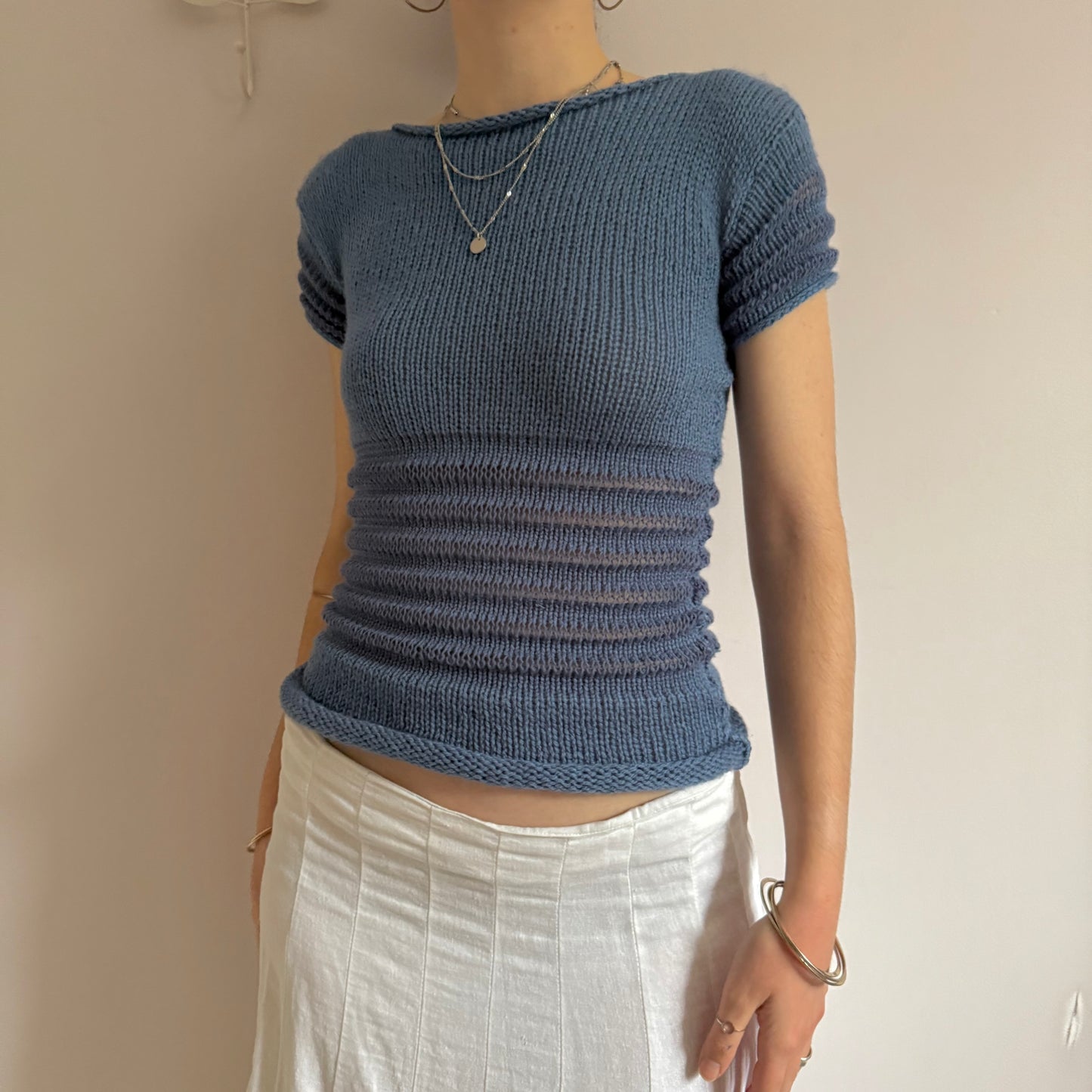 The Ripple Tee - handmade denim blue shirred top