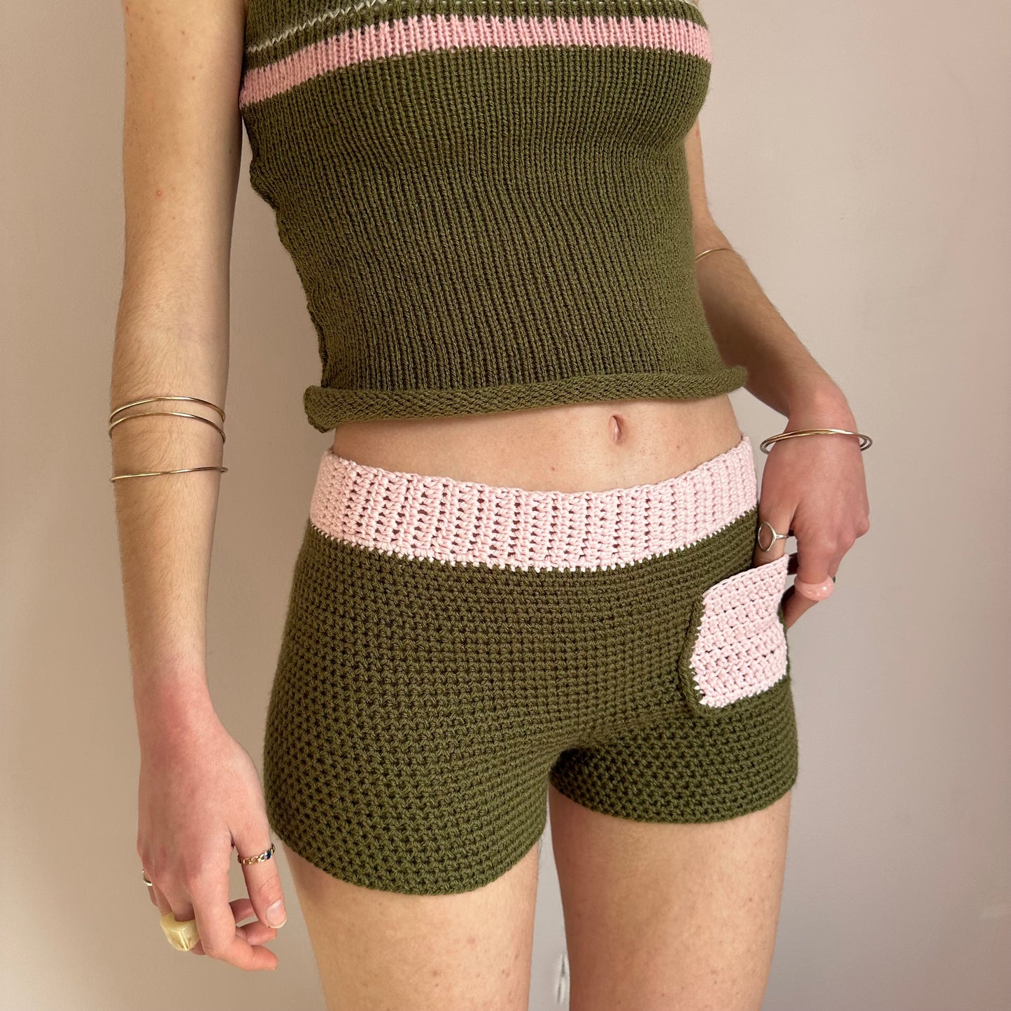 The Jade Shorts - handmade crochet shorts in khaki and baby pink with pocket