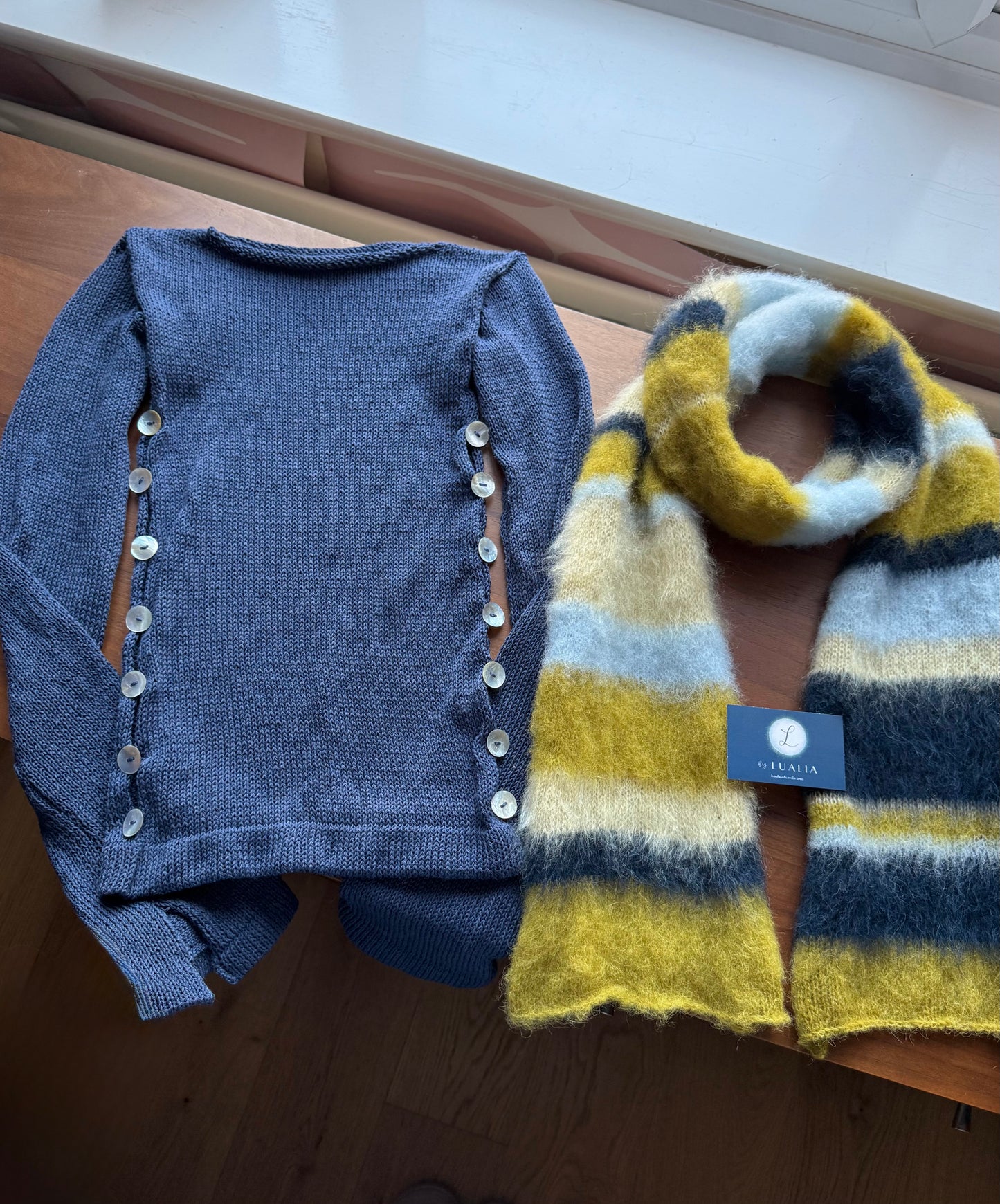 Pearl Long Sleeve in navy blue - handmade knit jumper with mother of pearl buttons