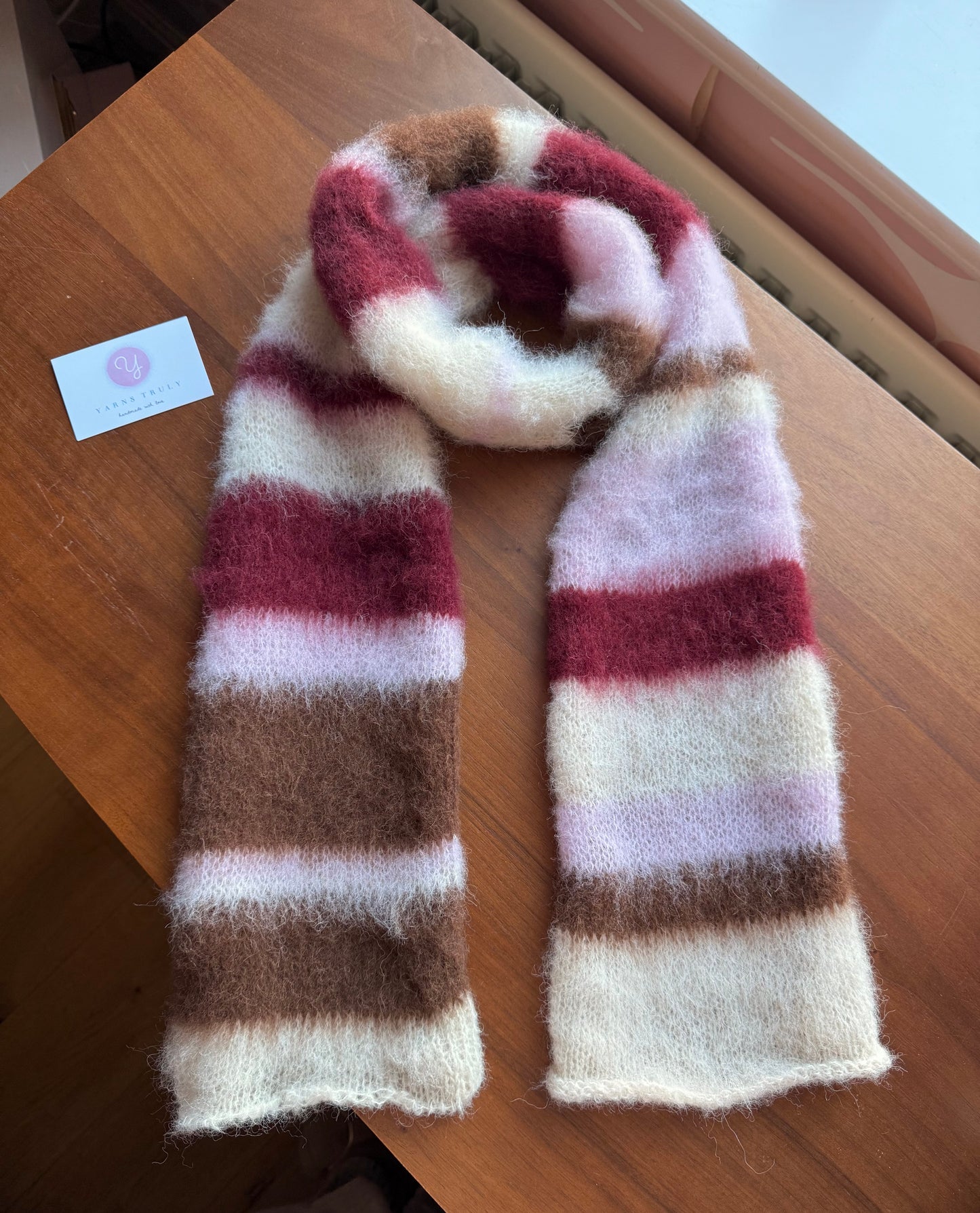 Handmade cream, burgundy, brown and baby pink fluffy striped scarf - choose full width or skinny 🌸